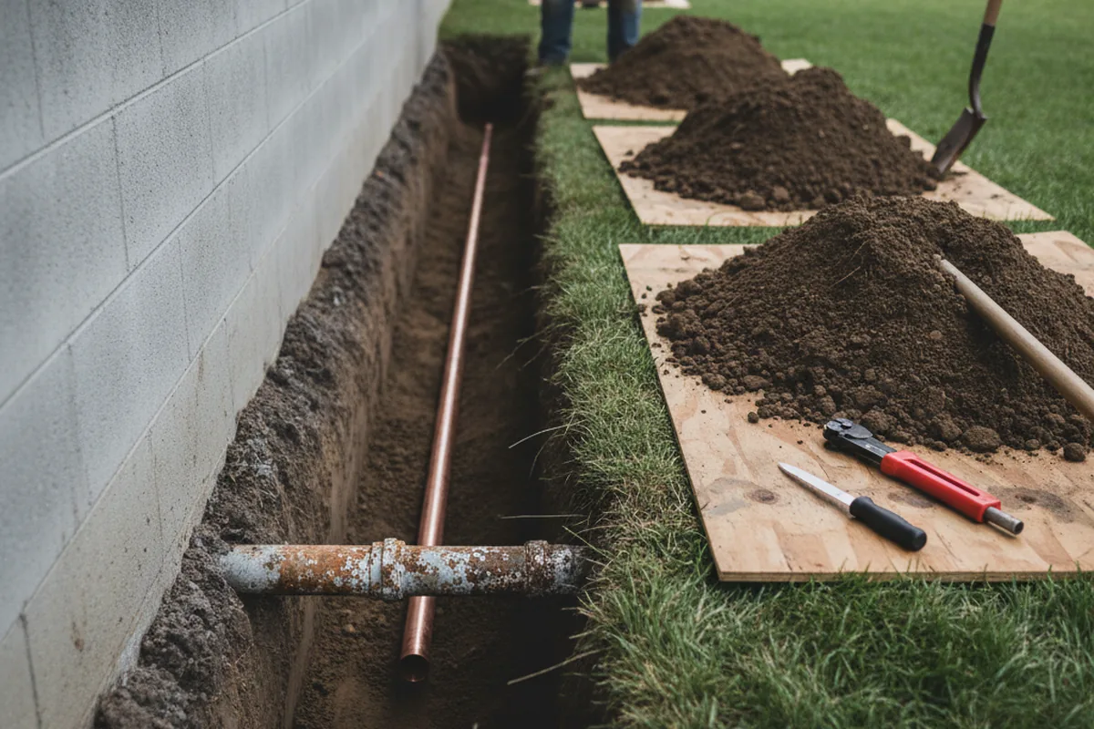 Excavated water line trench during Sewer Line Repair in Caruthers